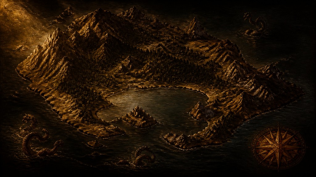 a map of an island realm with mountains, forests, a sheltered bay, sea monsters in the water and a compass rose, no text labels — Caravaggio Realism Baroque Art Style fantasy map