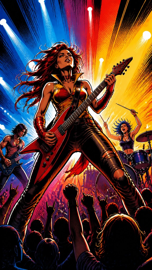 a live music scene with a glowing stage and silhouetted crowd, energetic vertical composition with open space at the top, no text — Superhero Comic Art flyer
