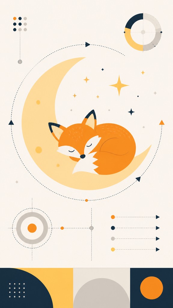 a sleeping baby fox curled on a crescent moon among soft stars, gentle and warm, no text — Infographic Poster Design baby announcement