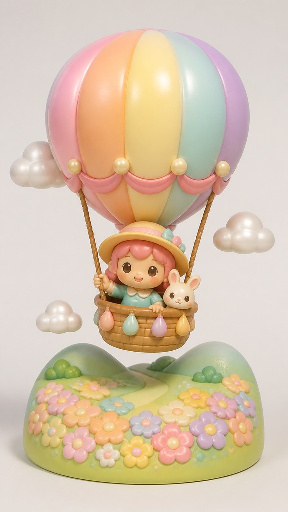 a hot air balloon drifting over rolling flower fields on a sunny day, cheerful, no text — Blind Box Toy Art greeting card