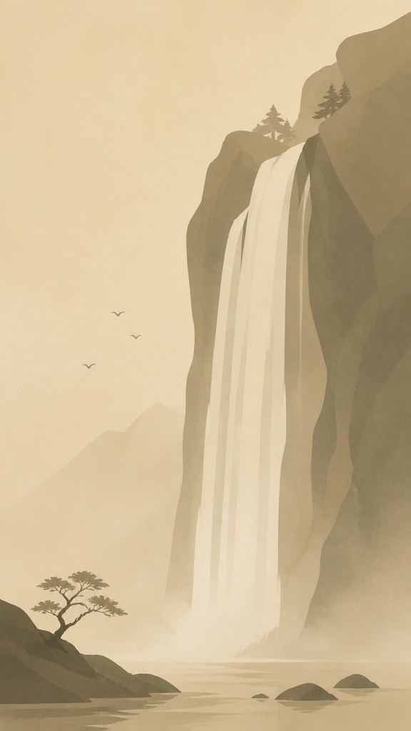 towering waterfall cascading down a cliff — Minimalist Nature Art