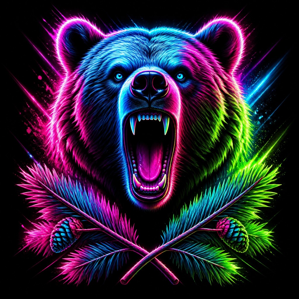 a roaring bear head above crossed pine branches, bold graphic composition on a plain background, no text — Neon Pop Art Style t-shirt design