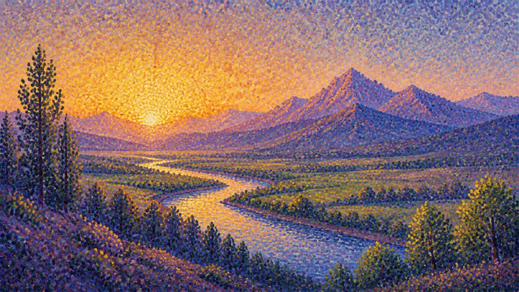 a vast valley with a river winding toward distant mountains at sunrise, no people, no text — Pointillist Impressionism Art Style desktop wallpaper