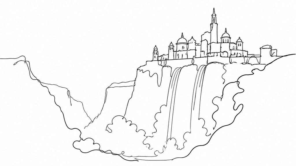 a cliffside city with waterfalls cascading into a misty canyon, wide establishing shot, no people, no text — Minimalist Line Portrait Style concept art