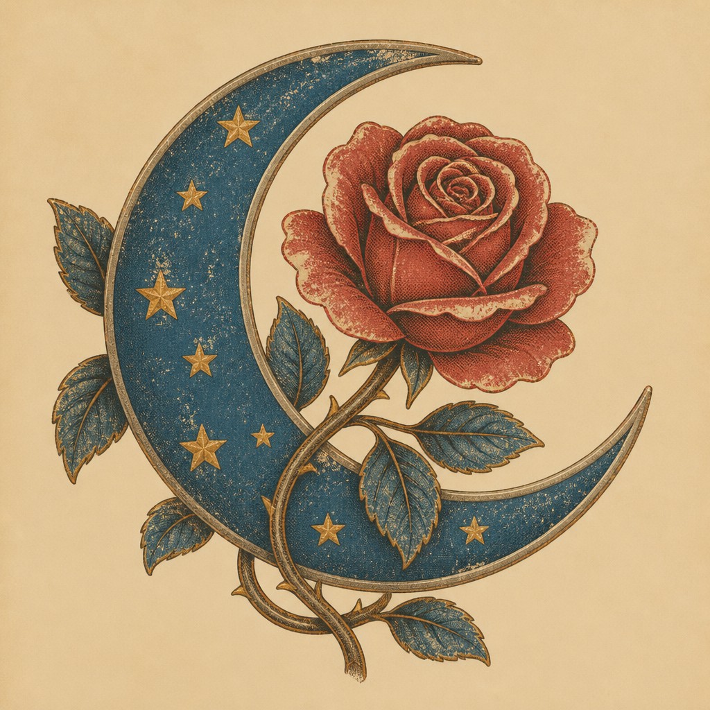 a rose entwined with a crescent moon, clean balanced composition on a plain background, no text — Americana Aesthetic tattoo design
