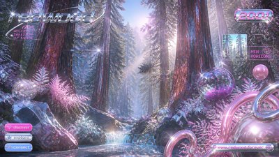 a panoramic redwood forest with light rays through mist, no people — Y2K Aesthetic wallpaper