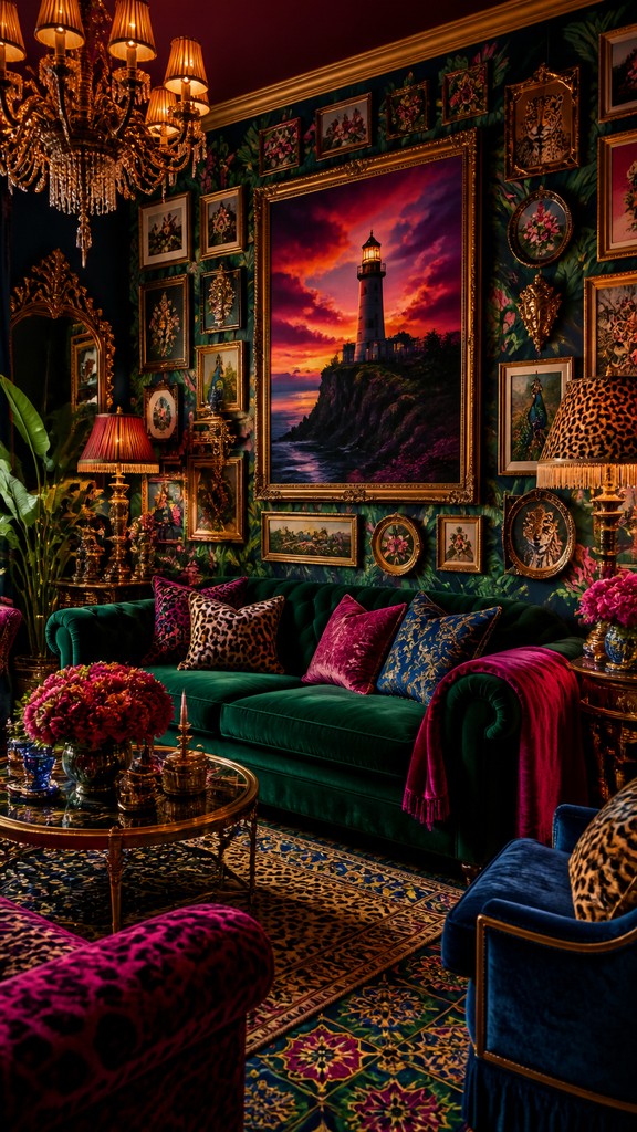 a lone lighthouse on a cliff at dusk under a dramatic sky, no text or lettering — Maximalist Interior Design poster