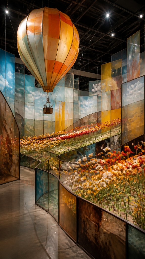 a hot air balloon drifting over rolling flower fields on a sunny day, cheerful, no text — Installation Art Style greeting card