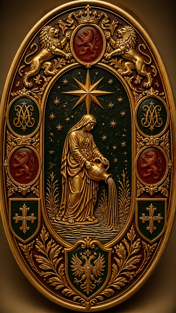 a robed figure pouring water beneath a large eight-pointed star in a night sky, symmetrical composition with an ornate decorative border, no text — Signet & Heraldic Jewelry Design tarot card