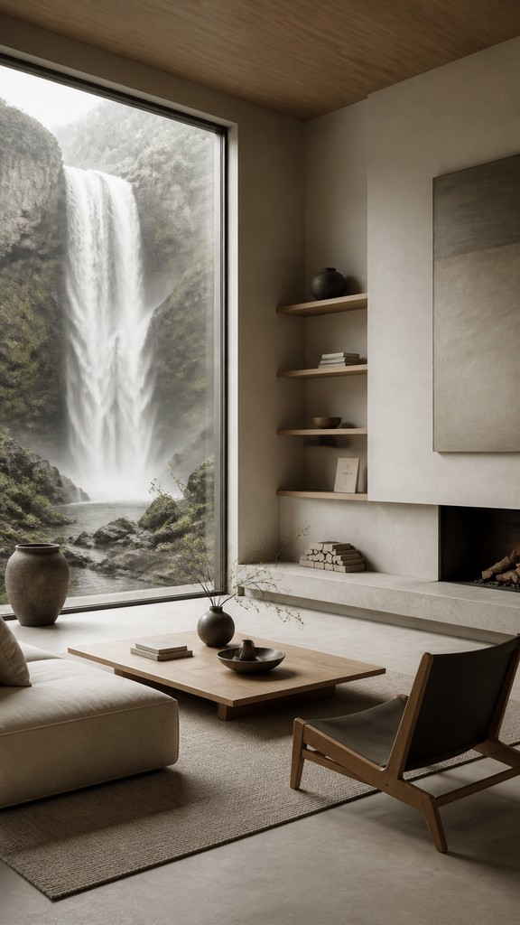 towering waterfall cascading down a cliff — Japandi Aesthetic