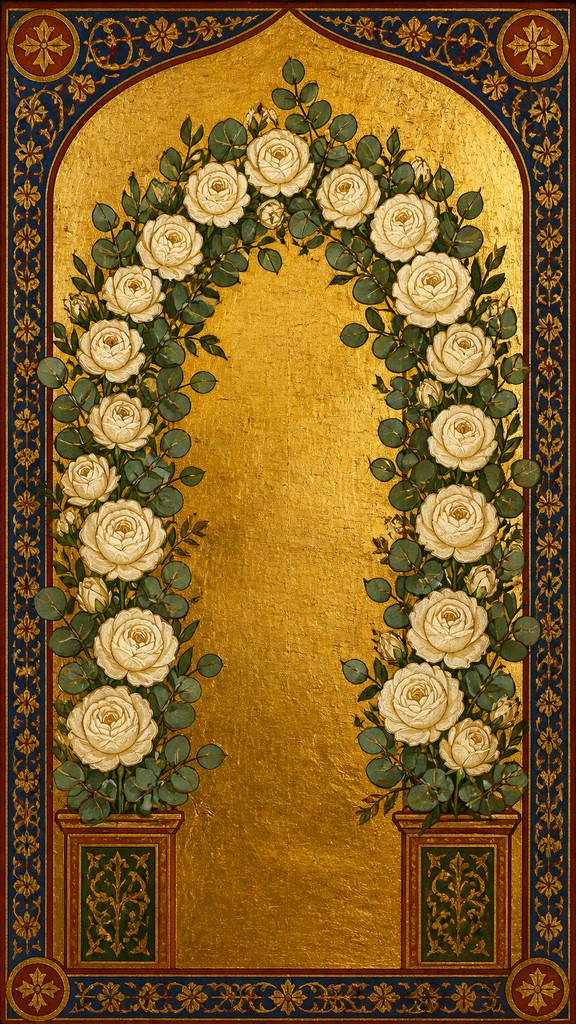 an arch of white roses and eucalyptus in soft morning light, elegant vertical composition with open space, no text — Orthodox Icon Religious Art wedding invitation