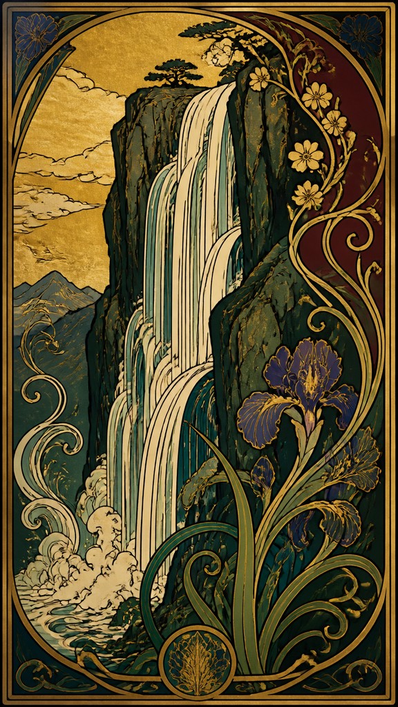 towering waterfall cascading down a cliff — Art Nouveau Style