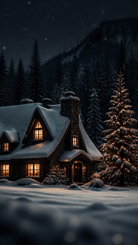a snow-covered cottage with warm glowing windows beside a decorated pine tree, gentle snowfall, no text — Fine Art Photography Style Christmas card