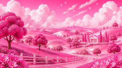 rolling hills with scattered trees under a big dramatic sky, no people — Barbiecore Aesthetic wallpaper