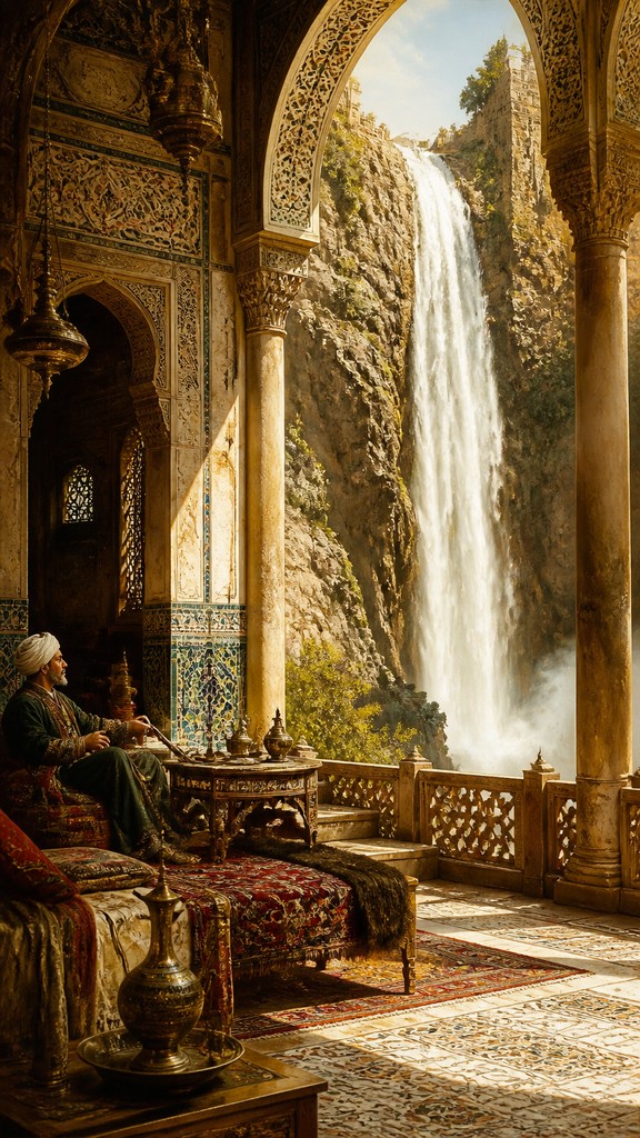 towering waterfall cascading down a cliff — Orientalist Painting Style