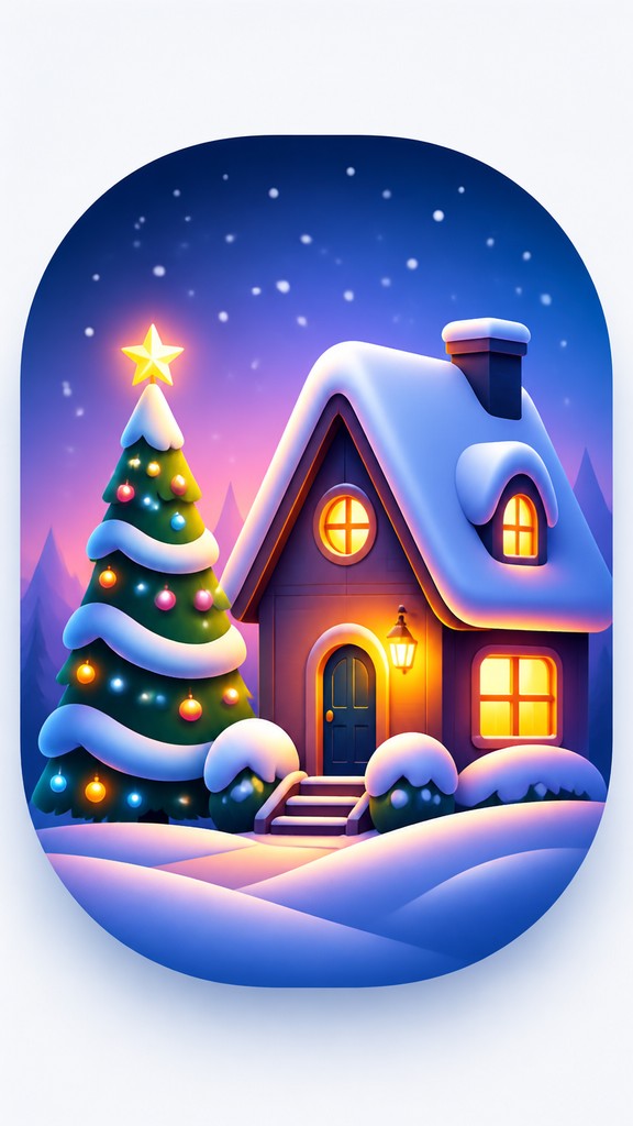 a snow-covered cottage with warm glowing windows beside a decorated pine tree, gentle snowfall, no text — Gradient Icon Design Christmas card