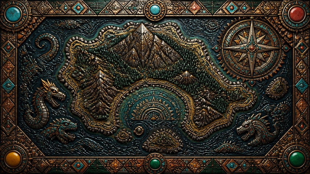 a map of an island realm with mountains, forests, a sheltered bay, sea monsters in the water and a compass rose, no text labels — Ethnic Tribal Jewelry Design fantasy map