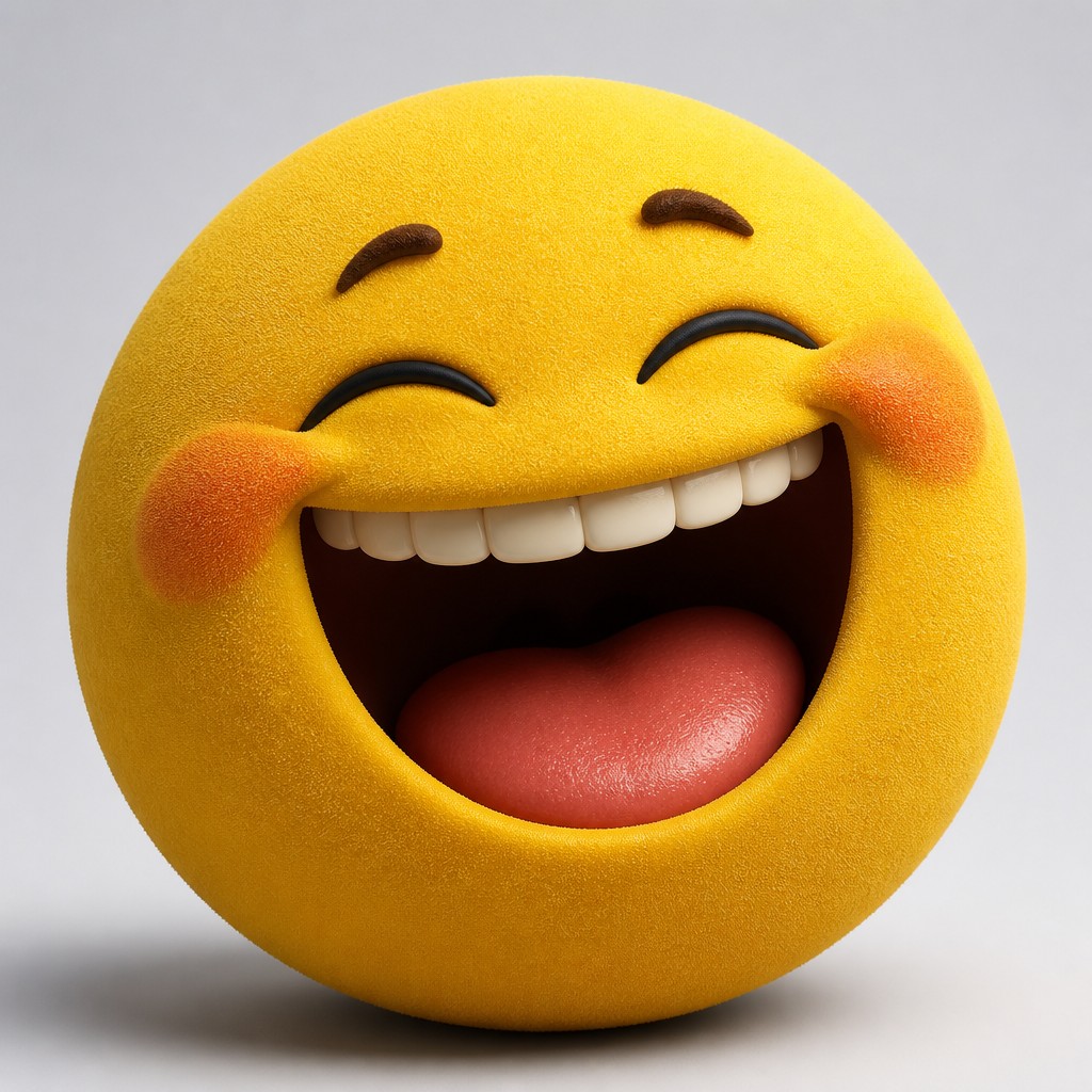 an exaggerated laughing face of an original round mascot character, bold and readable at small size, plain background, no text — Hyperrealism Art Style Twitch emote