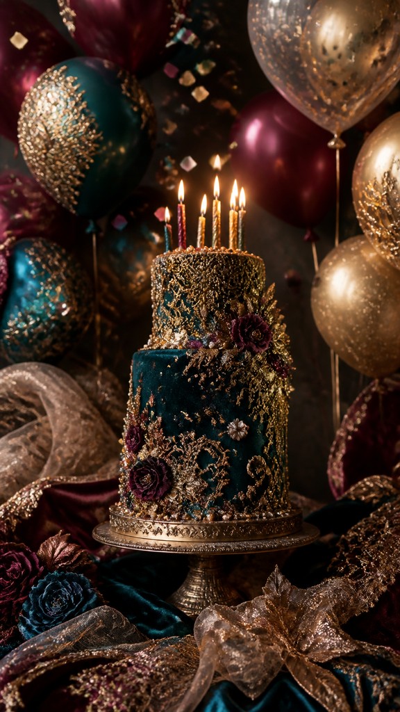 a birthday cake with lit candles surrounded by balloons and confetti, festive vertical composition, no text — Haute Couture Fashion Design birthday card