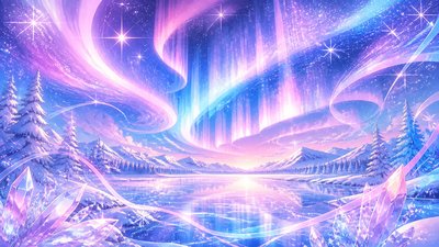 a sweeping aurora over a frozen lake, no people — Magical Girl Anime Art Style wallpaper
