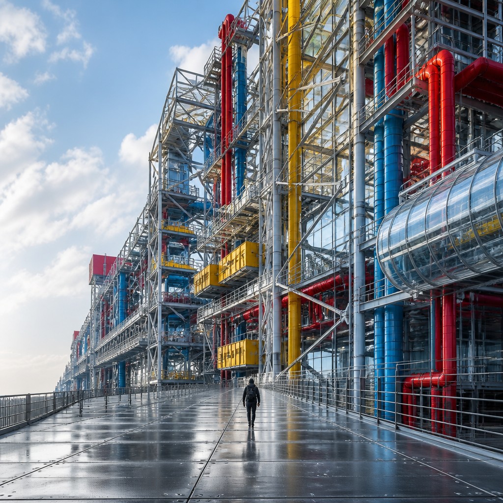a solitary figure walking toward a glowing horizon across an empty plain, moody atmosphere, no text or lettering — High-Tech Architecture album cover