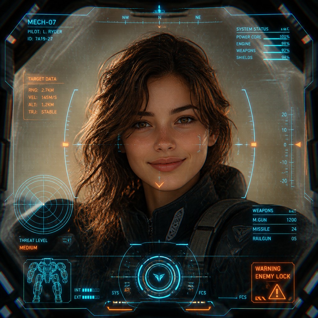 head-and-shoulders portrait of an original character: a young woman with wavy chestnut hair and a warm smile, plain soft backdrop — Mecha Pilot Interface View profile picture