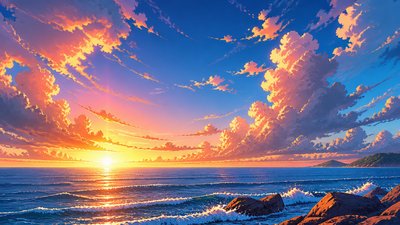a panoramic ocean horizon with towering clouds at golden hour, no people — Anime Art Style wallpaper