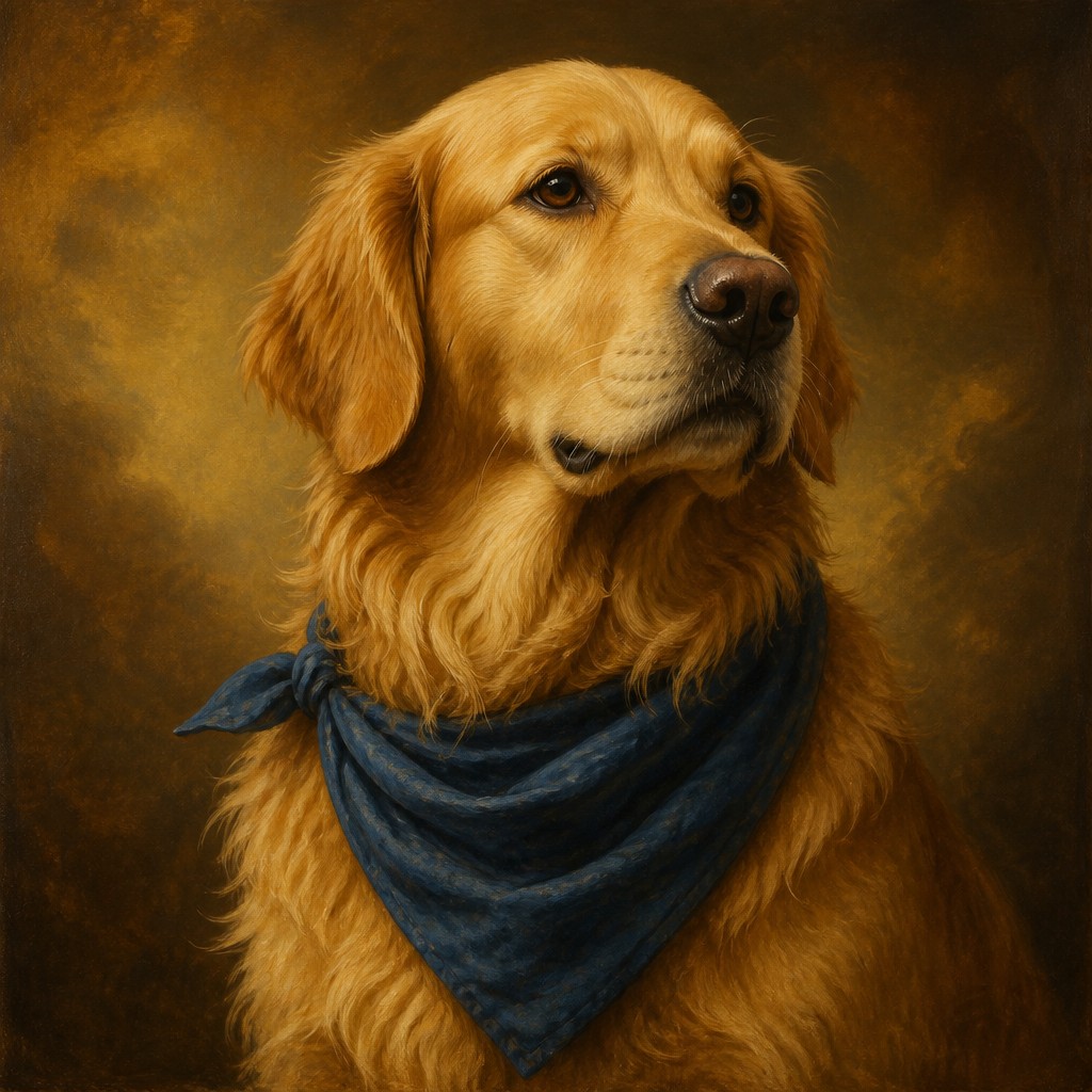 portrait of a golden retriever wearing a blue bandana, warm plain backdrop, no text — Hudson River School Art Style pet portrait