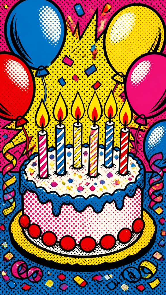 a birthday cake with lit candles surrounded by balloons and confetti, festive vertical composition, no text — Pop Art Style birthday card