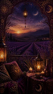 a field of lavender stretching to distant hills at dusk, no people — Whimsigoth Aesthetic wallpaper