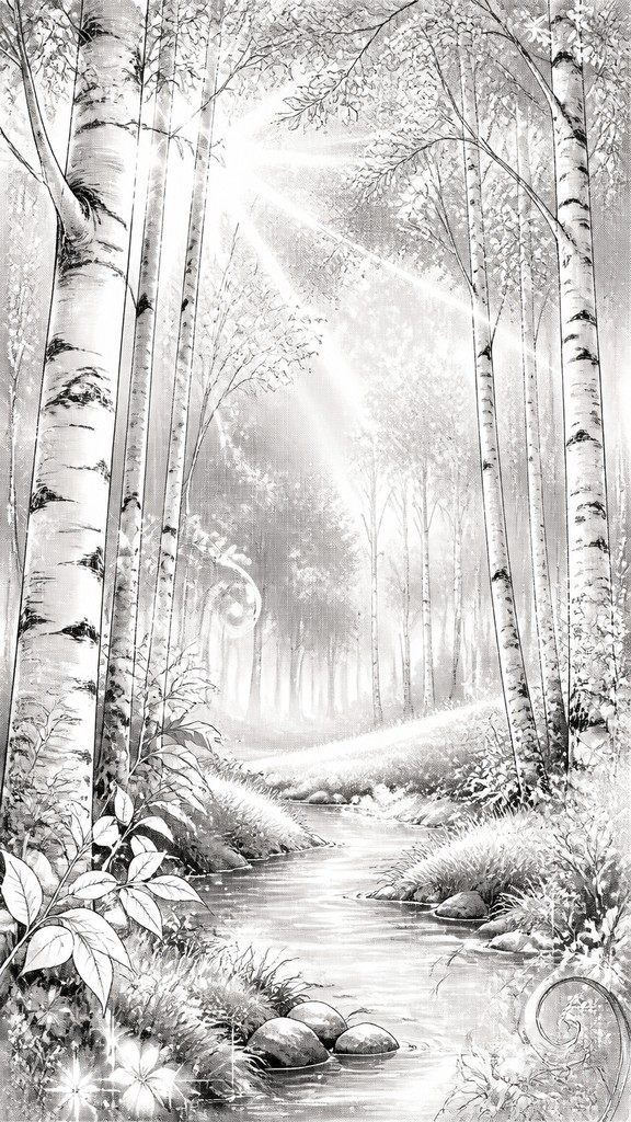 a serene birch forest in soft morning light, no people, no text — Shoujo Romance Manga Art Style wall art print