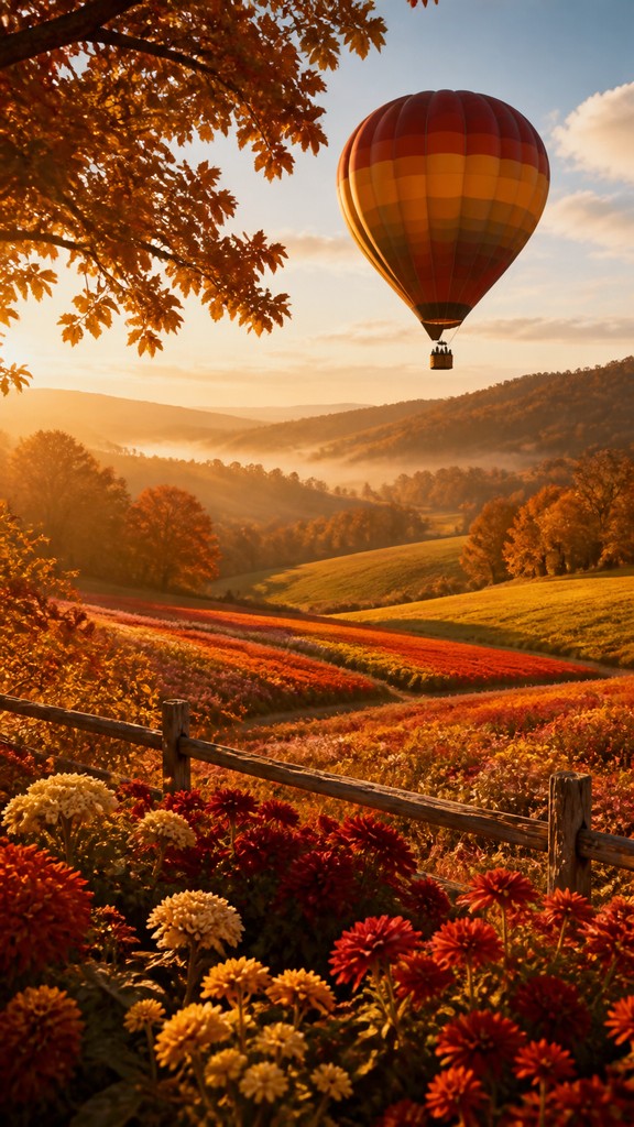 a hot air balloon drifting over rolling flower fields on a sunny day, cheerful, no text — Autumncore Aesthetic greeting card