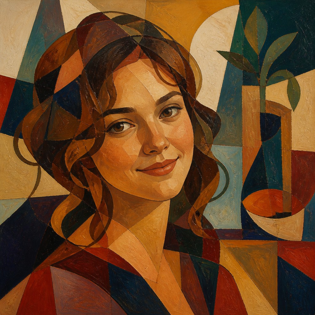 head-and-shoulders portrait of an original character: a young woman with wavy chestnut hair and a warm smile, plain soft backdrop — Abstract Still Life Art Style profile picture