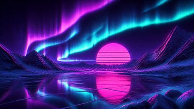 a sweeping aurora over a frozen lake, no people — Synthwave Aesthetic wallpaper