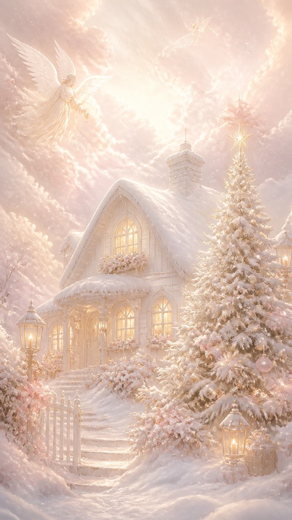 a snow-covered cottage with warm glowing windows beside a decorated pine tree, gentle snowfall, no text — Angelcore Aesthetic Christmas card