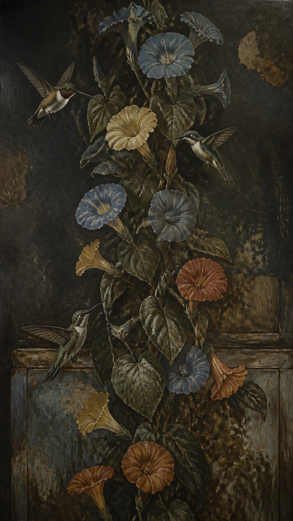 a climbing vine of flowers and hummingbirds on a dark background, tall wrapping composition, no text — Social Realist Figurative Art Style phone case design