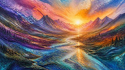 a vast valley with a river winding toward distant mountains at sunrise, no people, no text — Fluid Abstract Art Style wallpaper