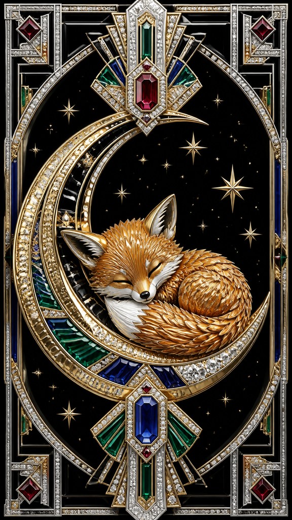a sleeping baby fox curled on a crescent moon among soft stars, gentle and warm, no text — Art Deco Jewelry Design baby announcement