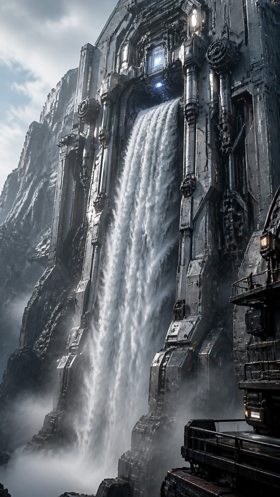 towering waterfall cascading down a cliff — Mecha Sci-Fi Art