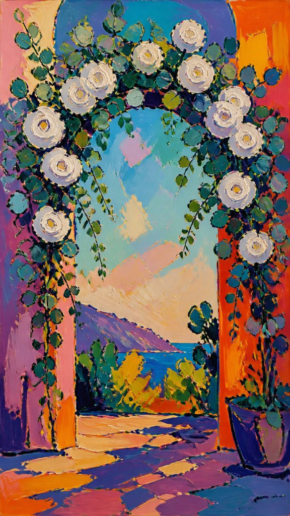 an arch of white roses and eucalyptus in soft morning light, elegant vertical composition with open space, no text — Fauvism Art Style wedding invitation