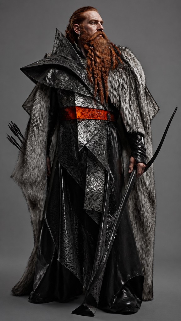 full-body original character: a dwarven ranger with a braided auburn beard, worn leather armor, a longbow and a wolf-pelt cloak, neutral background, no text — Avant-Garde Fashion Design tabletop character portrait