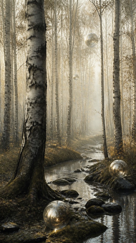 a serene birch forest in soft morning light, no people, no text — Magical Realism Art Style wall art print