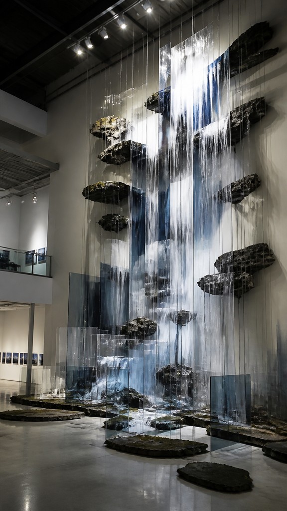 towering waterfall cascading down a cliff — Installation Art Style