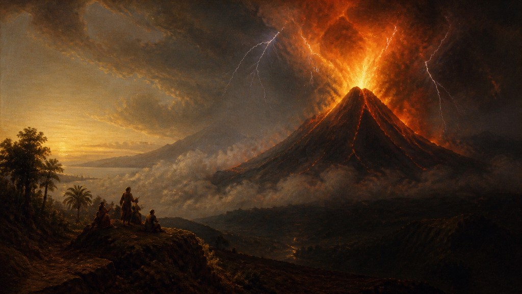 an erupting volcano with lightning strikes, dramatic wide composition, no text — Classical Realism Art Style YouTube thumbnail