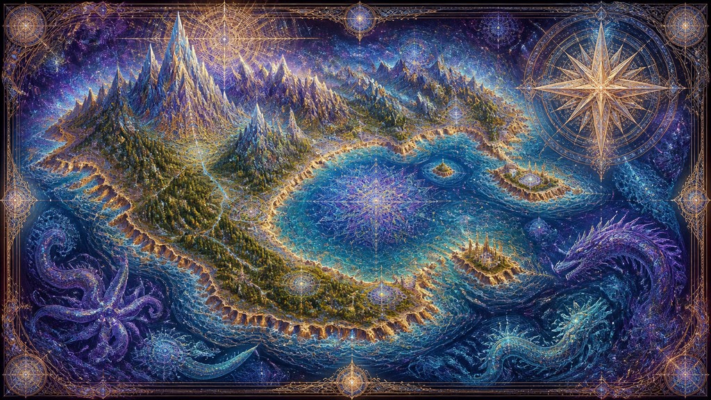 a map of an island realm with mountains, forests, a sheltered bay, sea monsters in the water and a compass rose, no text labels — Visionary Art Style fantasy map
