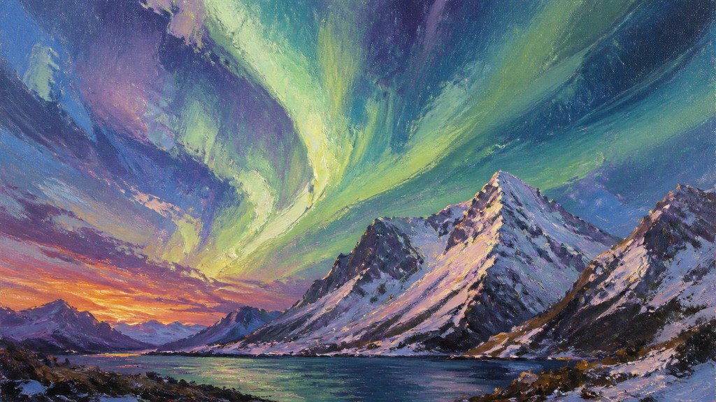 a flowing aurora over snowy peaks, wide sweeping composition, no people, no text — Plein Air Landscape Art Style banner