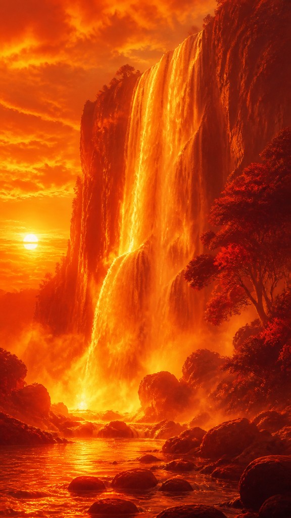 towering waterfall cascading down a cliff — Warm Palette Art Style