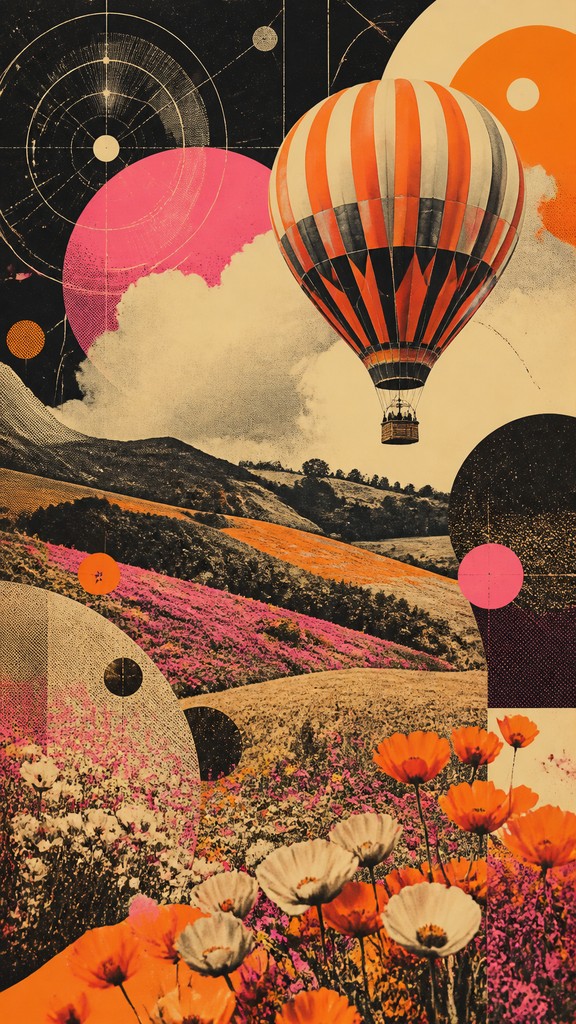 a hot air balloon drifting over rolling flower fields on a sunny day, cheerful, no text — Retro-Futuristic Pop Surrealism greeting card