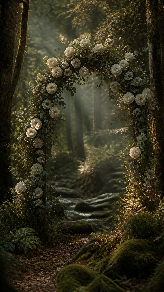 an arch of white roses and eucalyptus in soft morning light, elegant vertical composition with open space, no text — Forest Nature Art wedding invitation