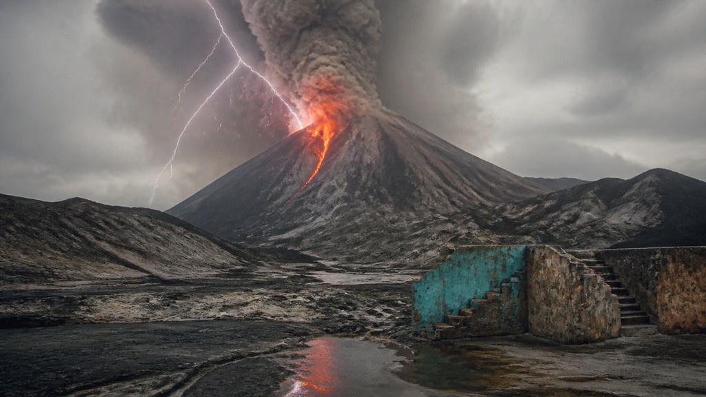 an erupting volcano with lightning strikes, dramatic wide composition, no text — Environmental Art Style YouTube thumbnail